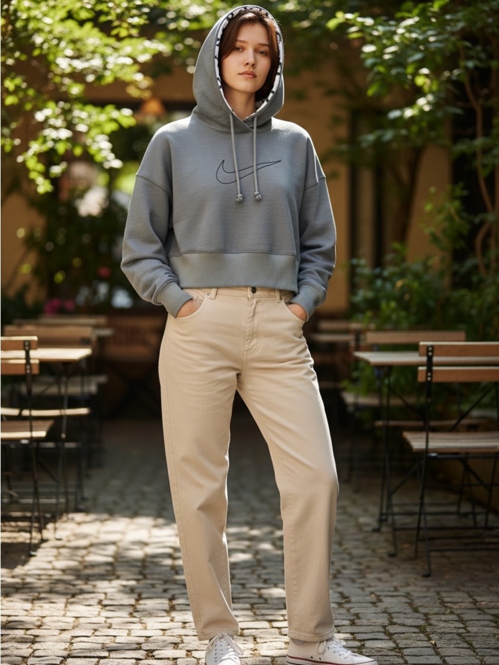 Nike DriFit Women's Gray Cropped Oversized Logo Hoodie Sweatshirt